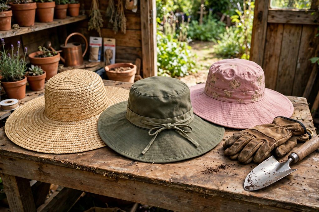 best gardening hat styles compared on a potting bench with gloves and trowel