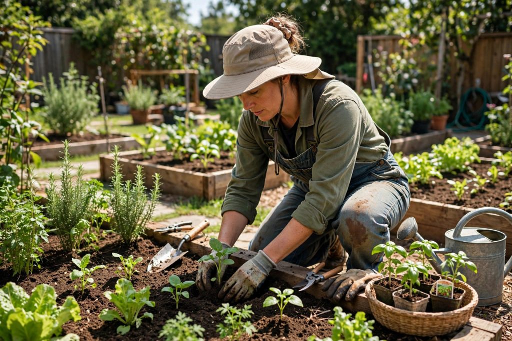 best gardening hat worn by a gardener planting seedlings in a sunny vegetable garden