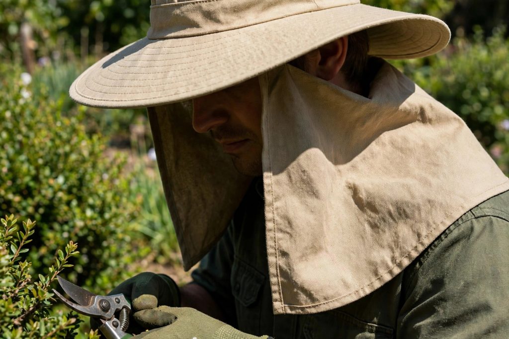 best gardening hat with neck cape shading a gardener pruning shrubs