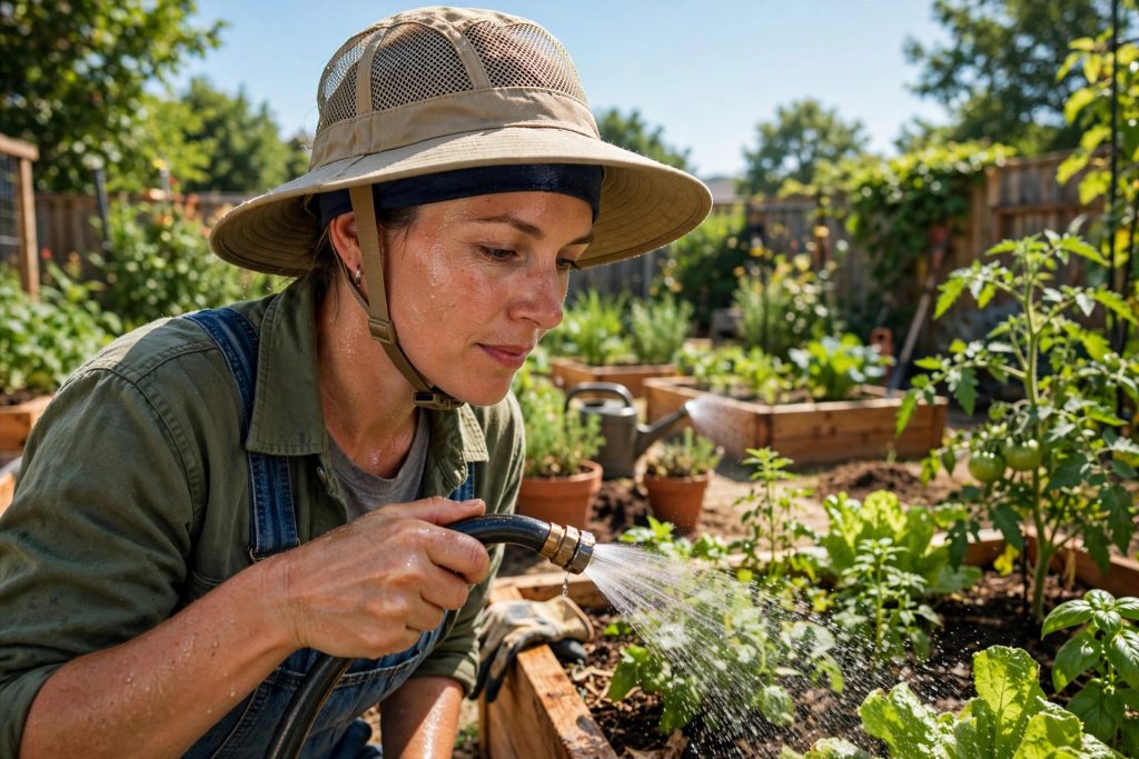 best gardening hat with mesh crown ventilation worn while watering raised beds