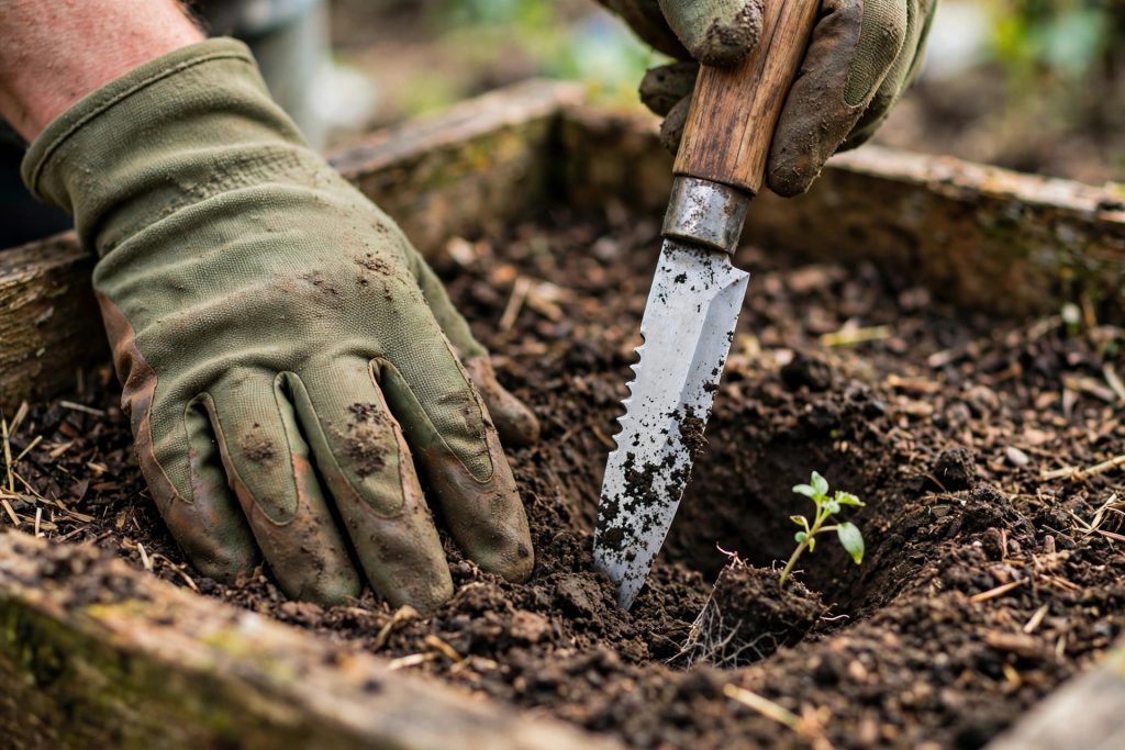 best hori hori knife digging a planting hole for a seedling