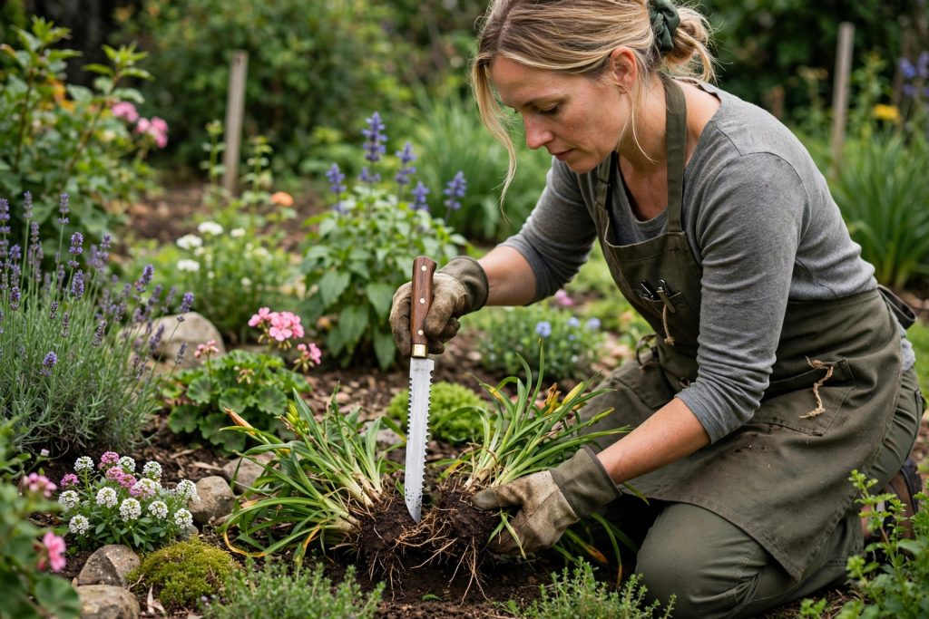 best hori hori knife dividing a perennial clump in a flower border