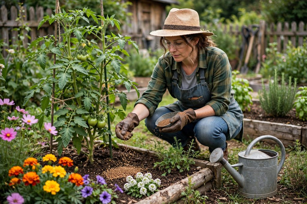Gardener applying granular fertilizer in a raised vegetable bed