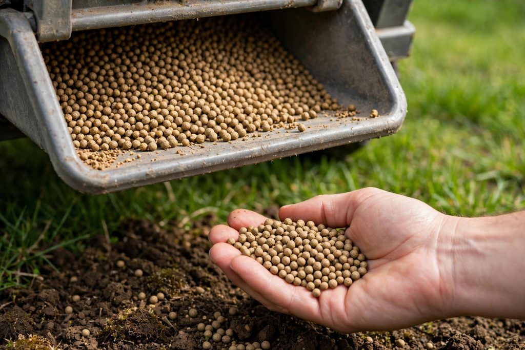Handful of granular fertilizer beside a spreader tray