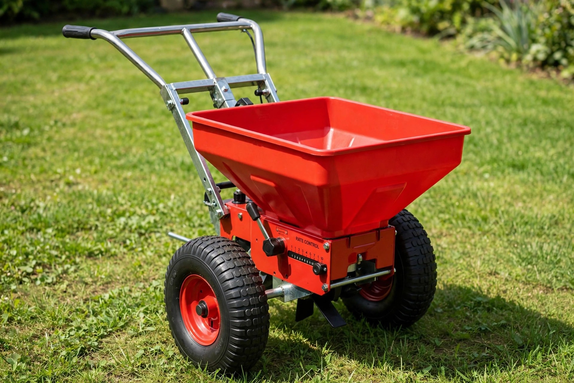 EarthWay 2600A-Plus broadcast spreader with pneumatic tires and steel frame