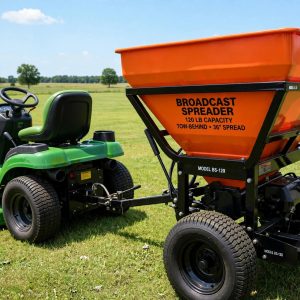 Agri-Fab 45-0530 tow behind broadcast spreader hitched to a riding mower