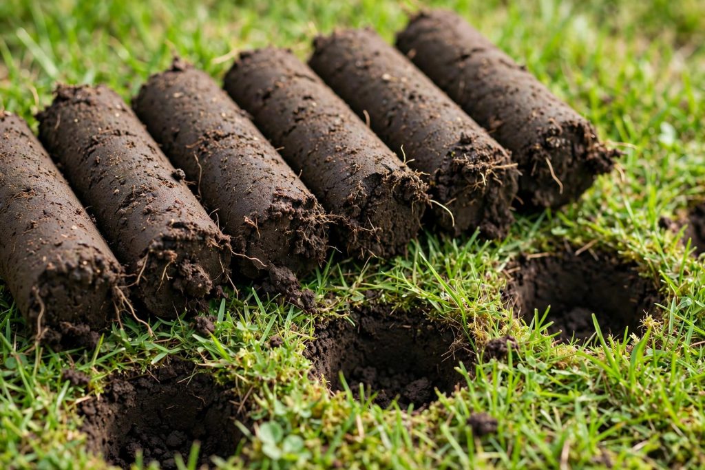 Soil plugs from a core aerator beside aeration holes: core aerator vs spike aerator difference