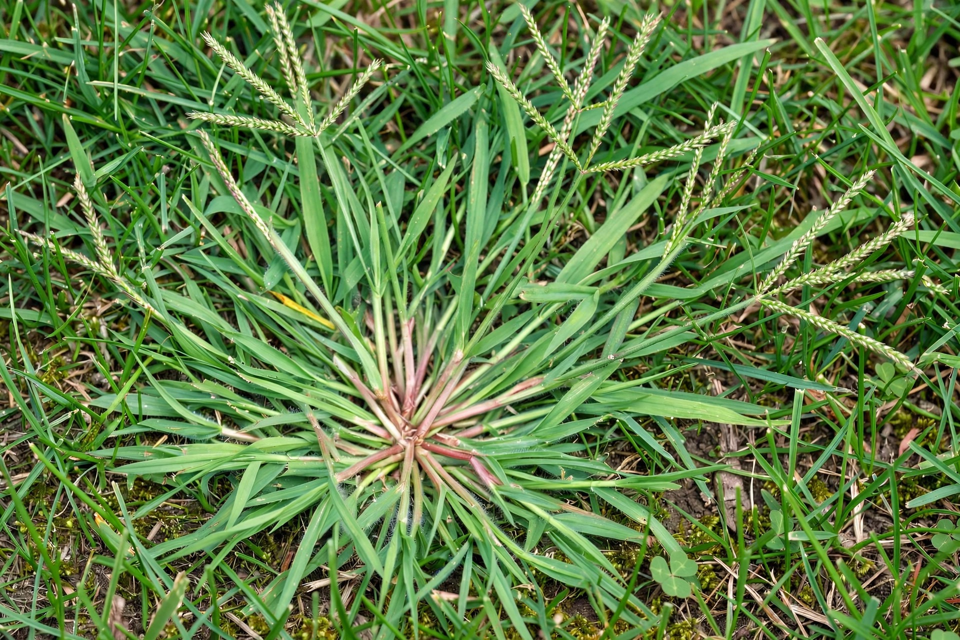 Crabgrass weed identification — spreading stems with finger-like seed heads