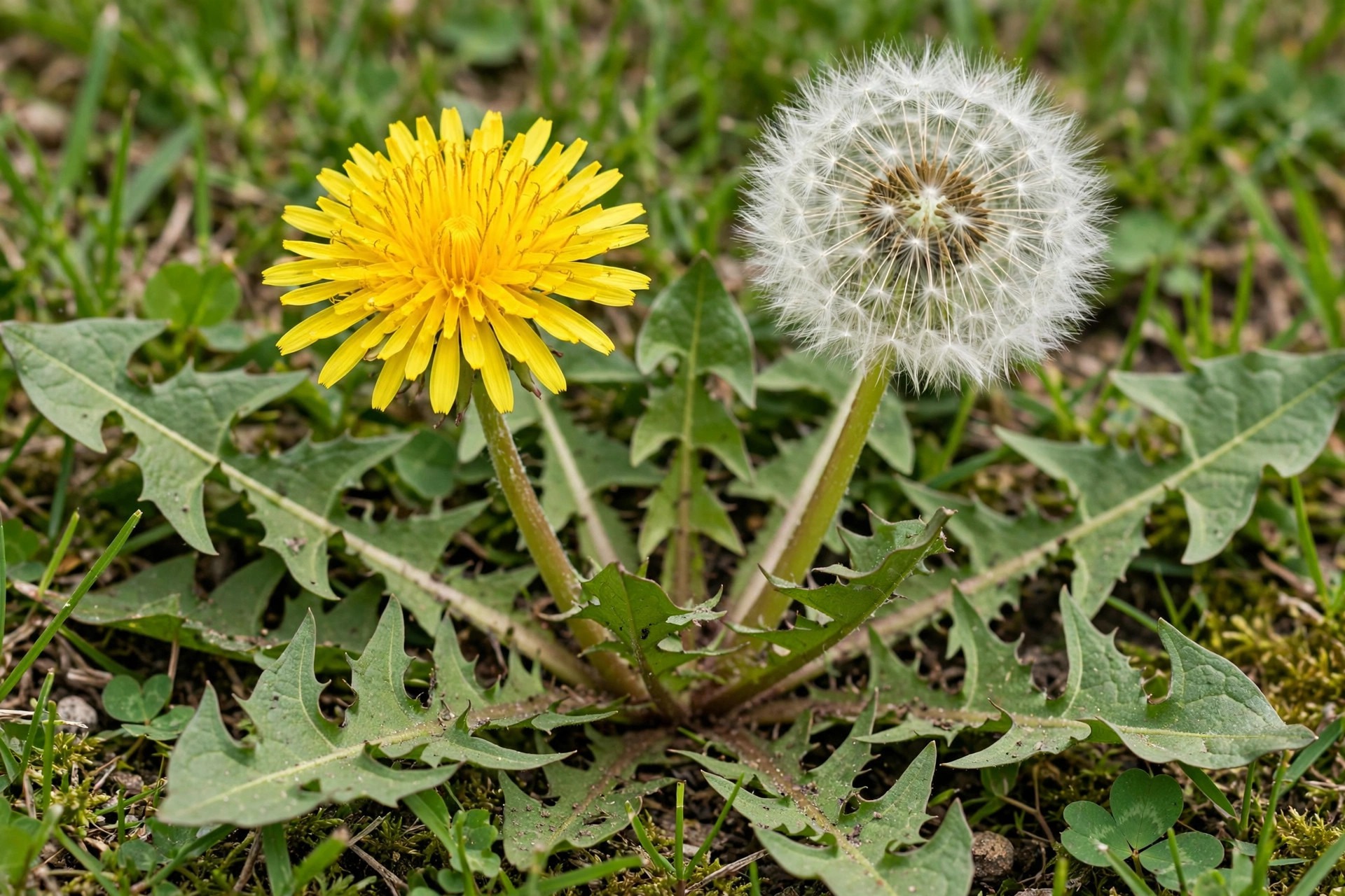 Dandelion weed identification — jagged leaves, yellow flower, and white seed puffball