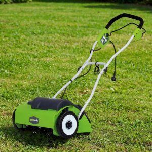 Greenworks 27022 dethatcher with 14 inch path and stainless steel tines