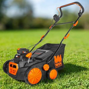 WEN 20716 cordless dethatcher and scarifier with two 20V batteries