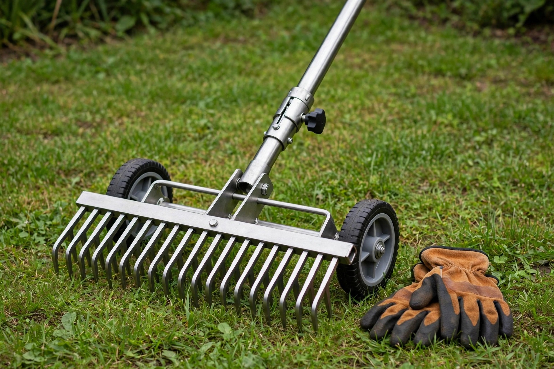 YITIAOYU wheeled dethatching rake with adjustable handle for reduced back strain