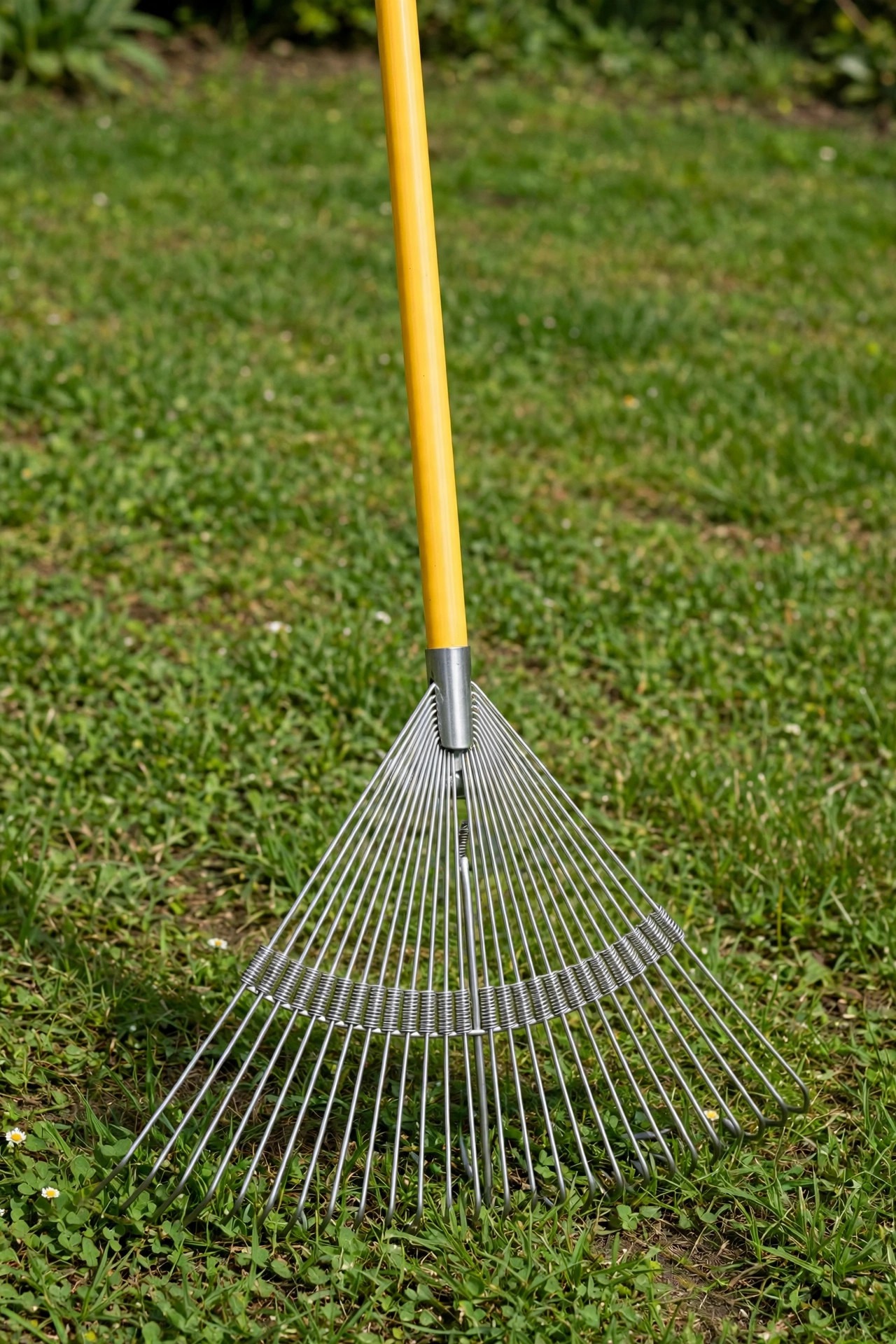 Groundskeeper II rake with yellow fiberglass handle and spring loaded steel tines
