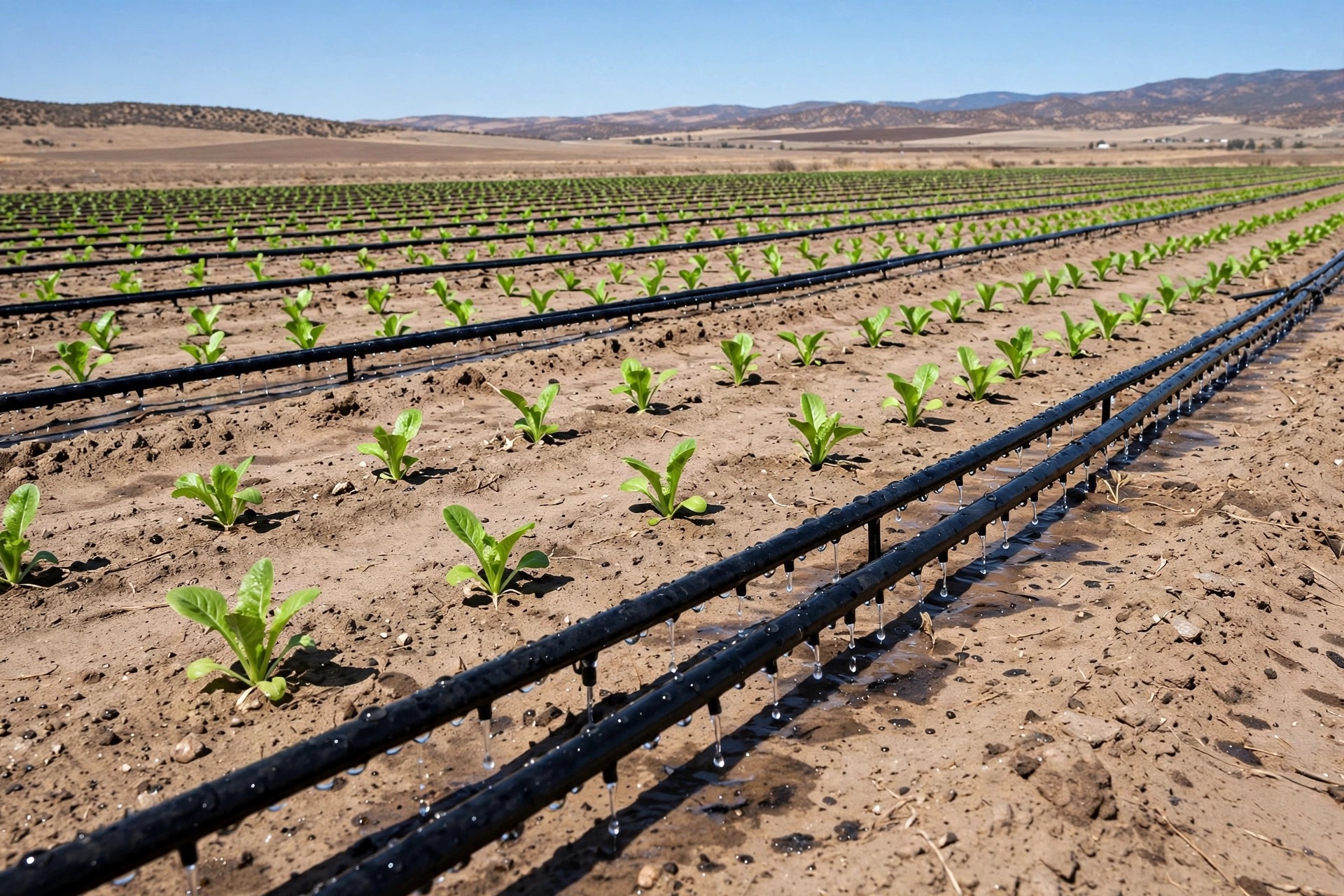 Drip irrigation lines delivering water directly to the root zone in a US vegetable field