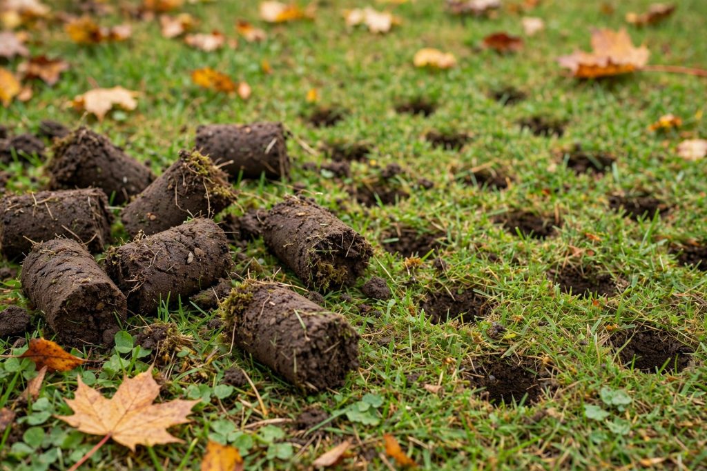 fall lawn care core aeration, soil plugs and aerator holes in a green lawn