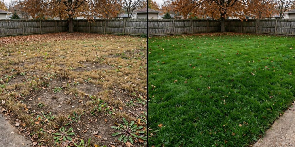 Before and after fall lawn care results, thin patchy lawn on the left and thick green lawn on the right