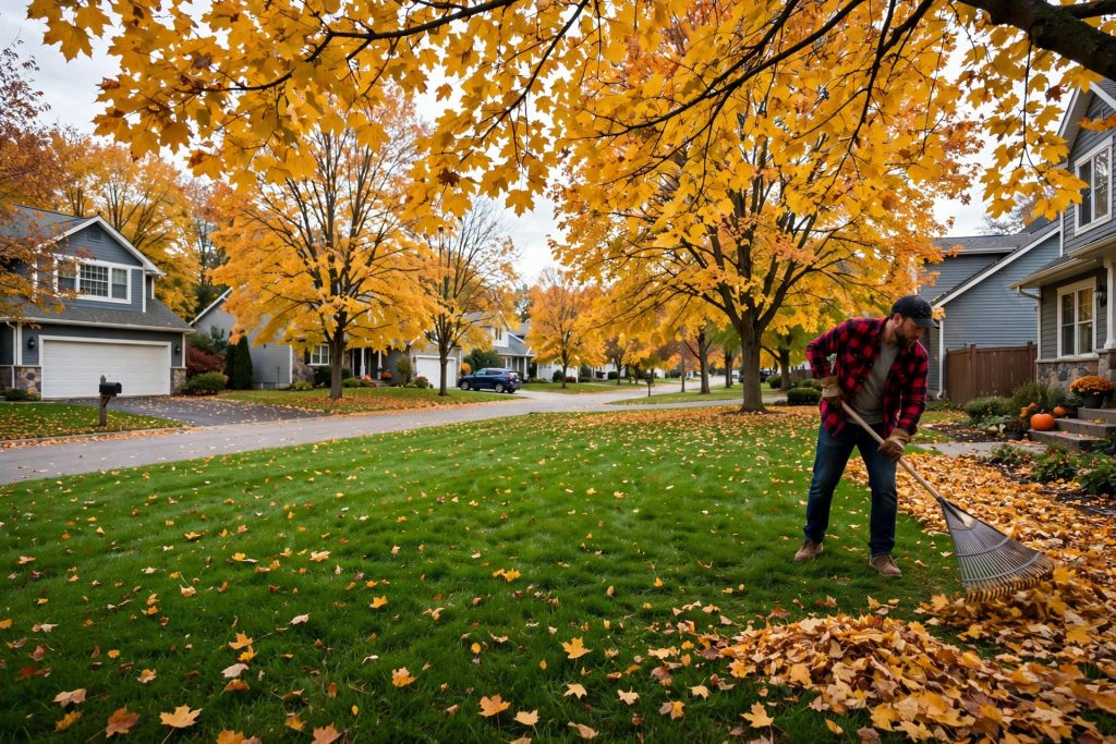 fall lawn care checklist, a homeowner clearing autumn leaves from a green US lawn before winter