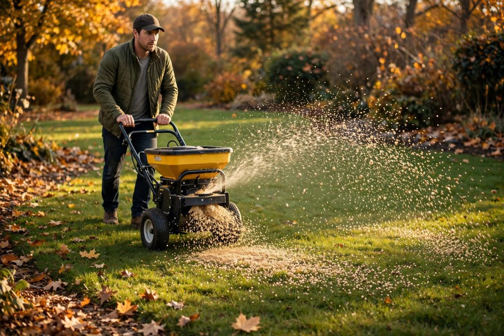 Broadcast spreader applying granular fertilizer across the lawn during fall lawn care feeding