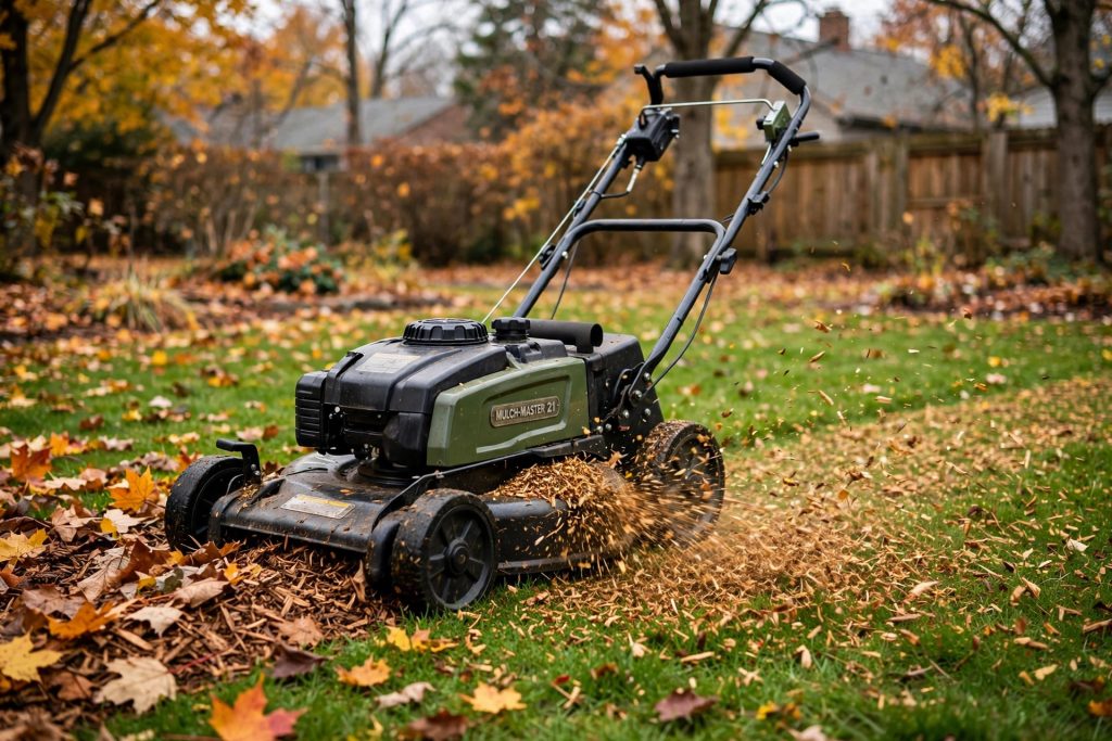 fall lawn care leaf removal, mulching mower chopping autumn leaves into a lawn