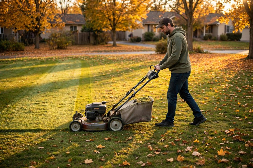 Person mowing the lawn slightly lower with a grass catcher in fall lawn care