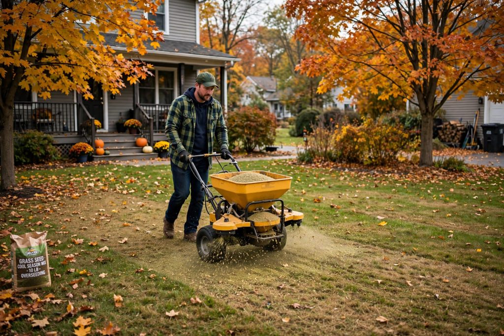 fall lawn care overseeding, spreading grass seed with a broadcast spreader in autumn