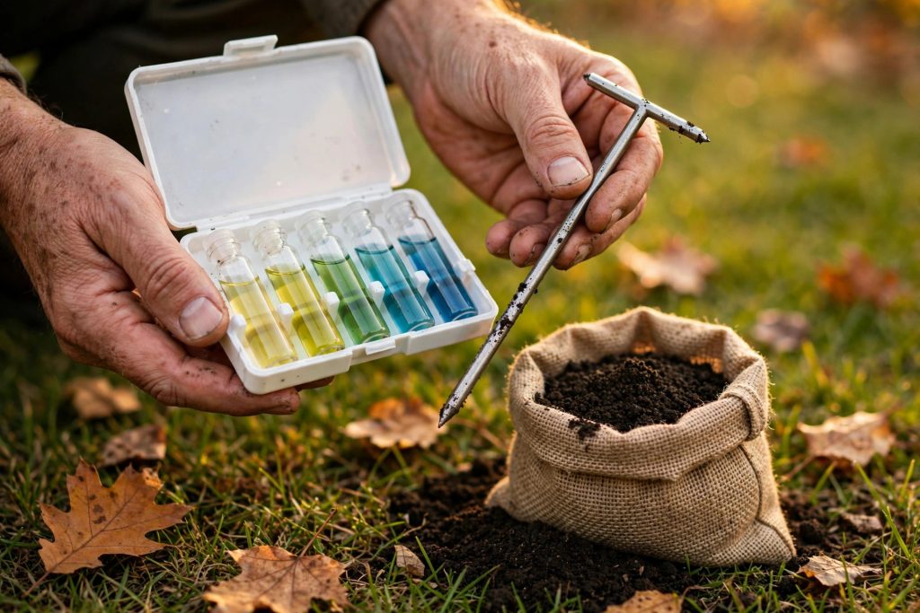 Hands holding a soil test kit and soil samples on a lawn during fall lawn care soil testing