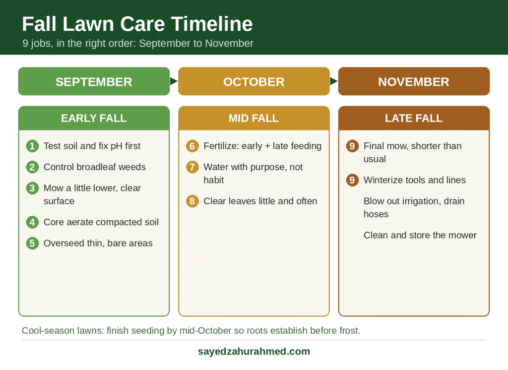 Fall lawn care timeline infographic showing 9 jobs from September to November