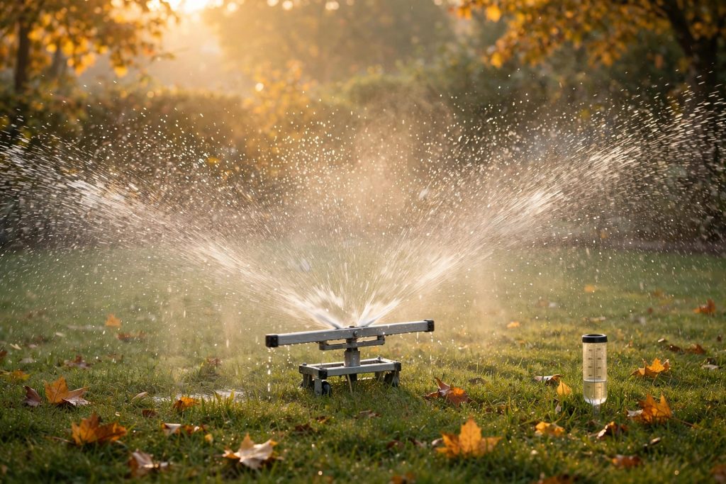 Sprinkler watering the lawn in fall morning light with a rain gauge, fall lawn care watering