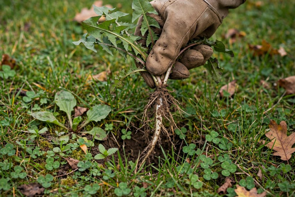 Gardener hand-pulling a dandelion weed from the lawn as part of fall lawn care weed control