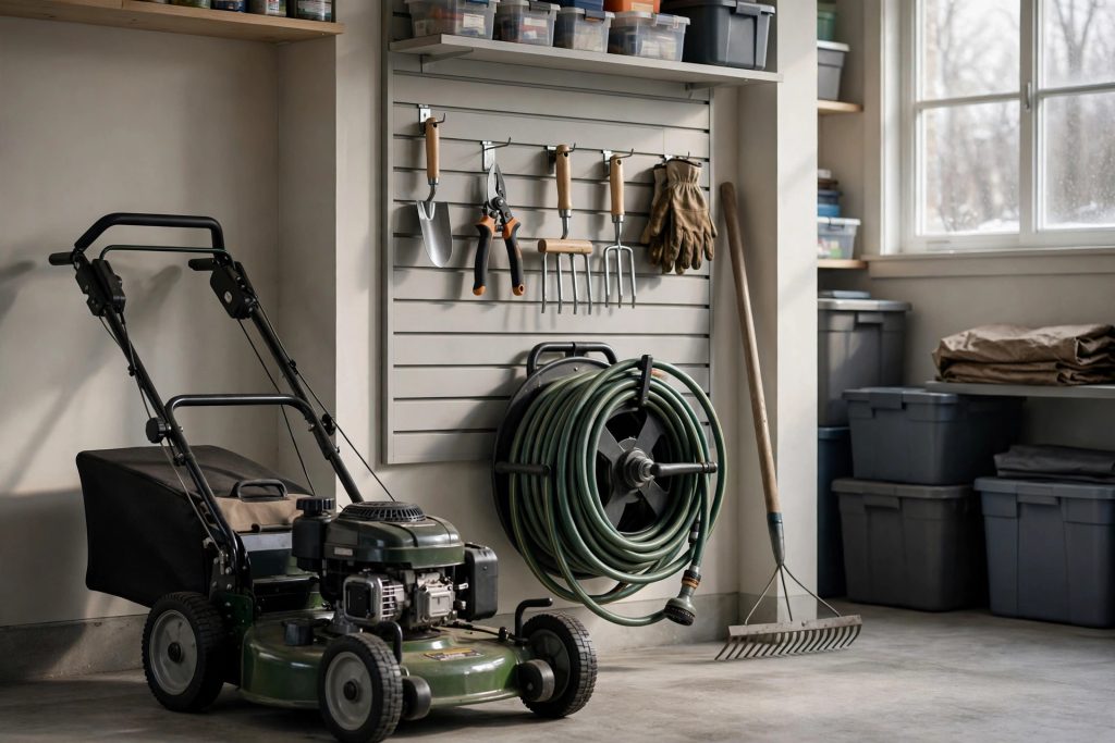 Cleaned mower and garden tools stored in a garage for winter, the last fall lawn care job