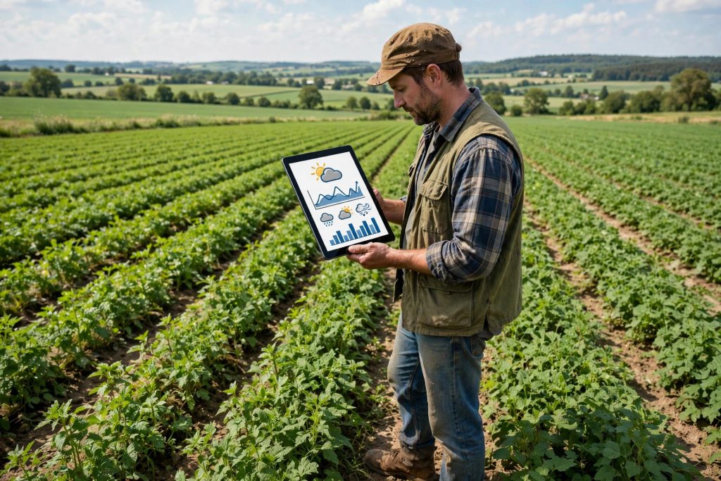 Grower checking weather and field data on a tablet in the field