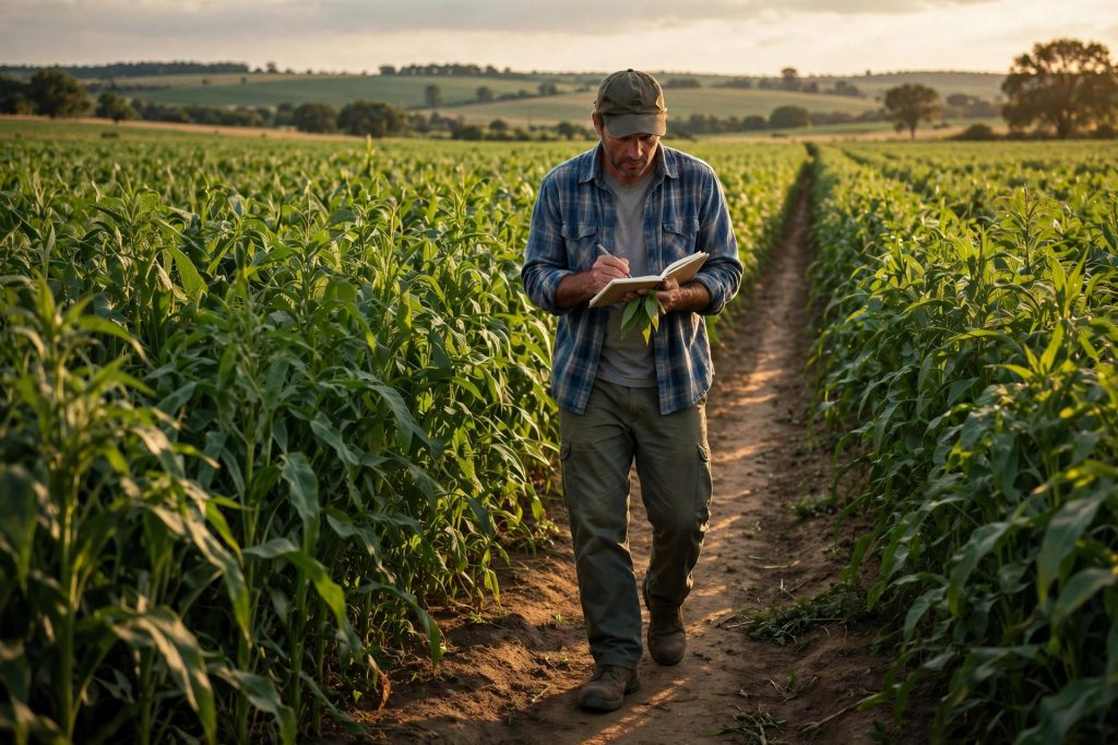about Agribloom grower checking crops and keeping field records