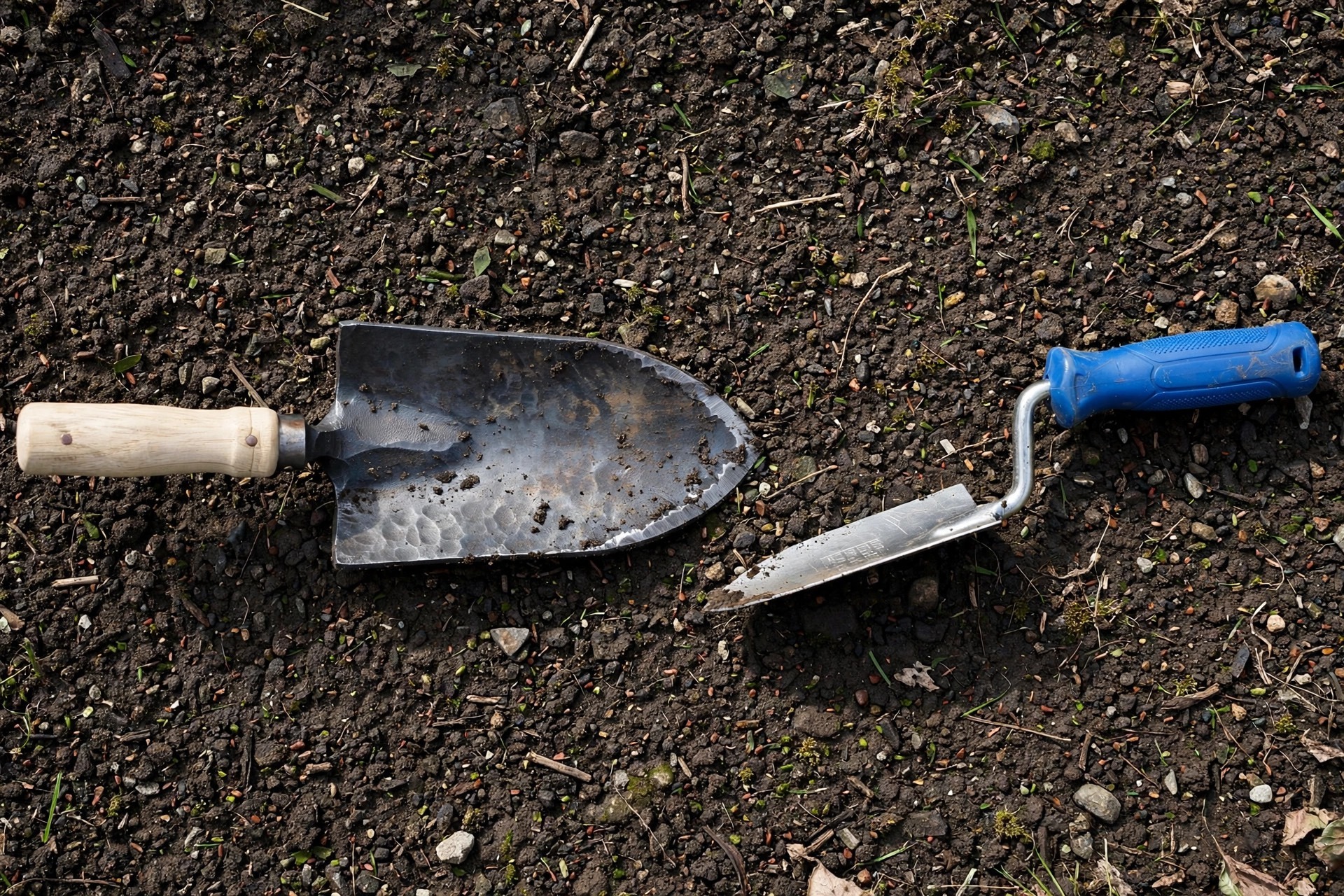Hand-forged carbon steel trowel beside a stamped budget trowel