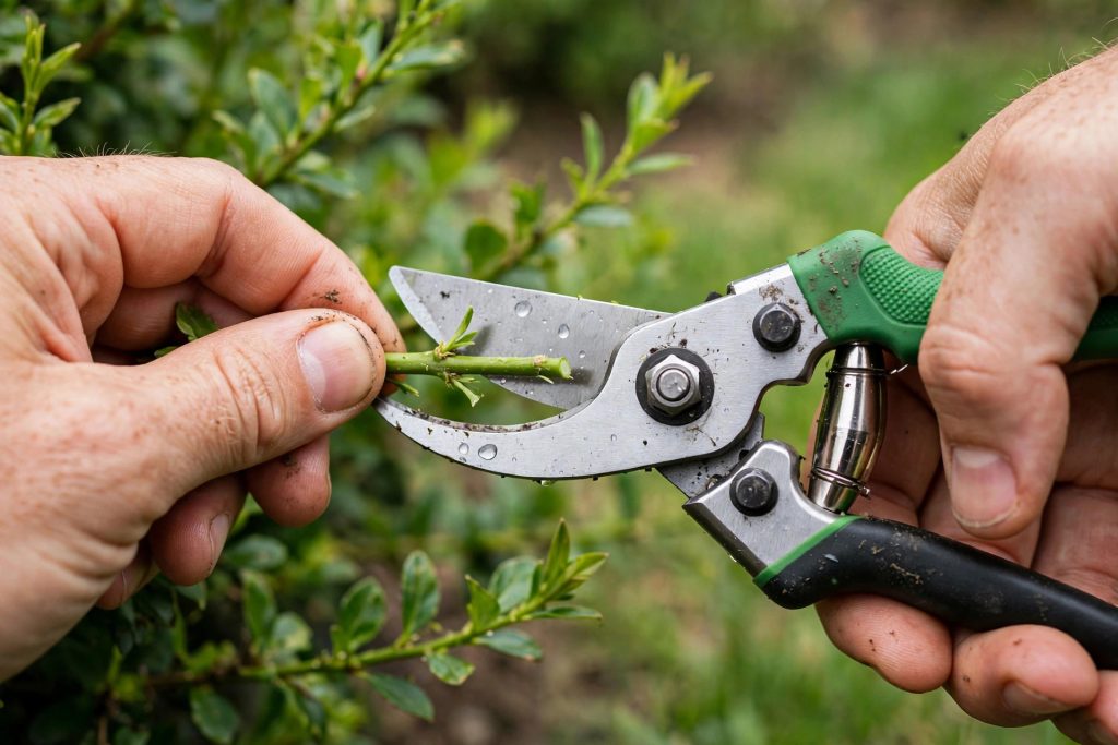 Garden hand tools for cutting, pruning shears trimming a live green stem