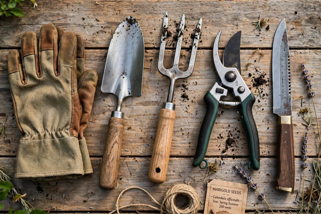 Garden hand tools flat lay with trowel, pruning shears, hand fork and gloves