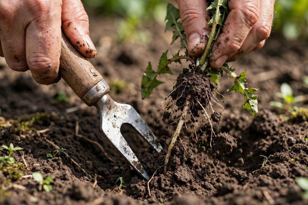 Garden hand tools for weeding, a hand weeder lifting a dandelion from soft soil