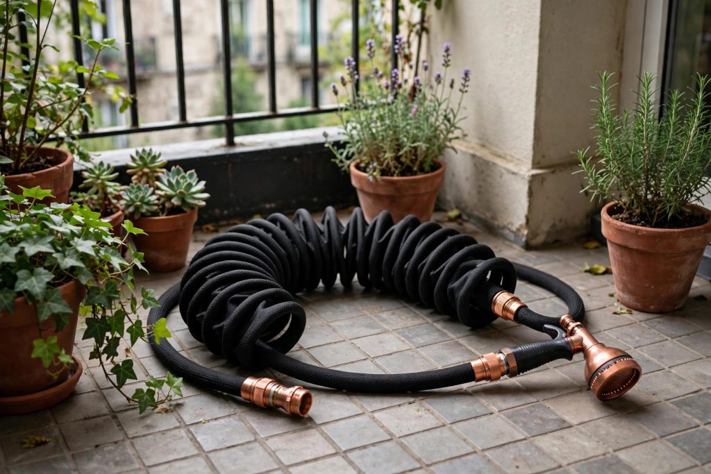Pocket Hose Copper Bullet expandable garden hose with copper anodized fittings for small patios