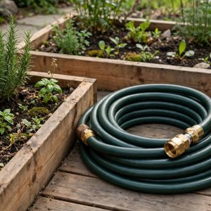 eley polyurethane garden hose with lead free brass fittings on a patio