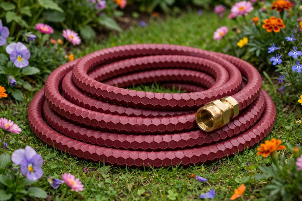 Dramm ColorStorm Premium Rubber Hose with hexagonal profile, a heavy duty garden hose in Berry