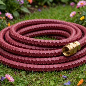dramm colorstorm premium rubber hose in yellow coiled beside a garden bed