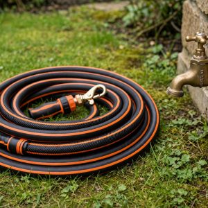 giraffe tools hybrid garden hose with swivel handle fitting close up
