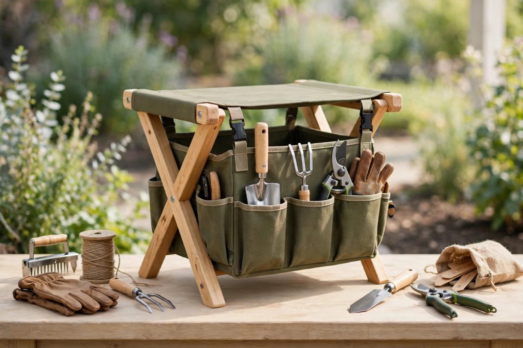 GardenHOME garden tool set with folding stool and tool bag