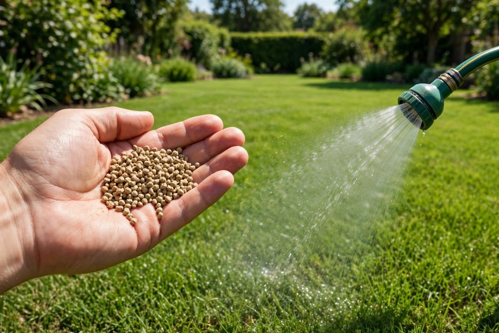 Granular vs liquid lawn fertilizer comparison on a green lawn