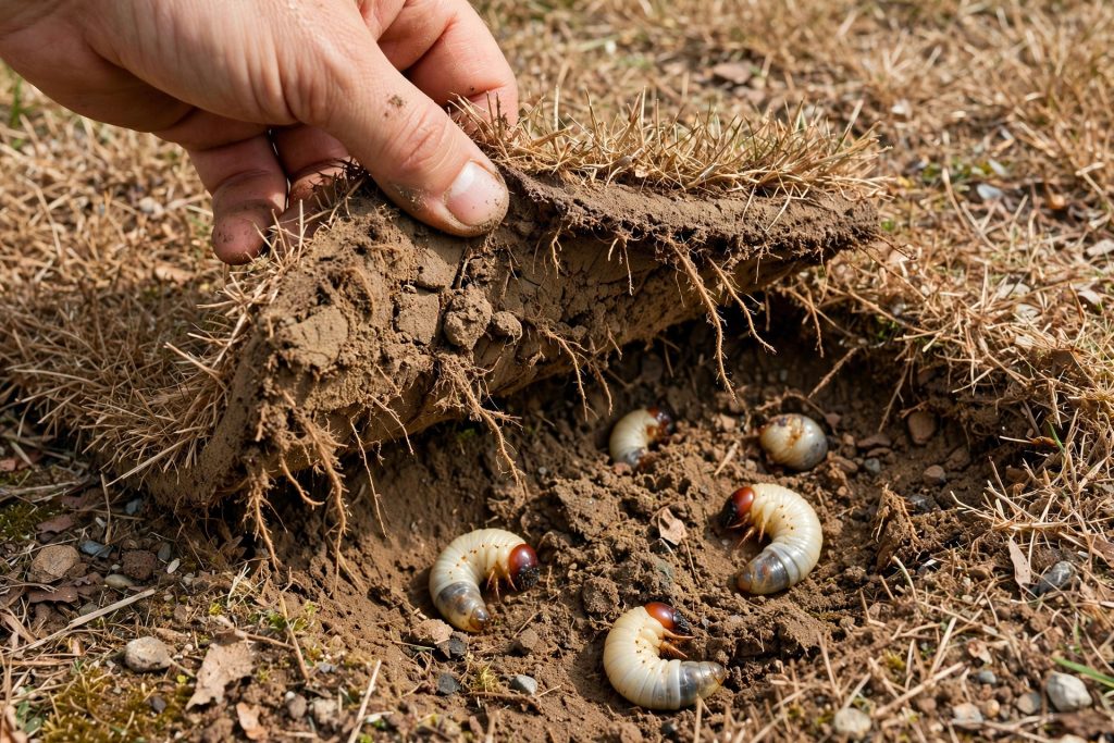 how to get rid of grubs tug test, hand lifting loose turf with cut roots