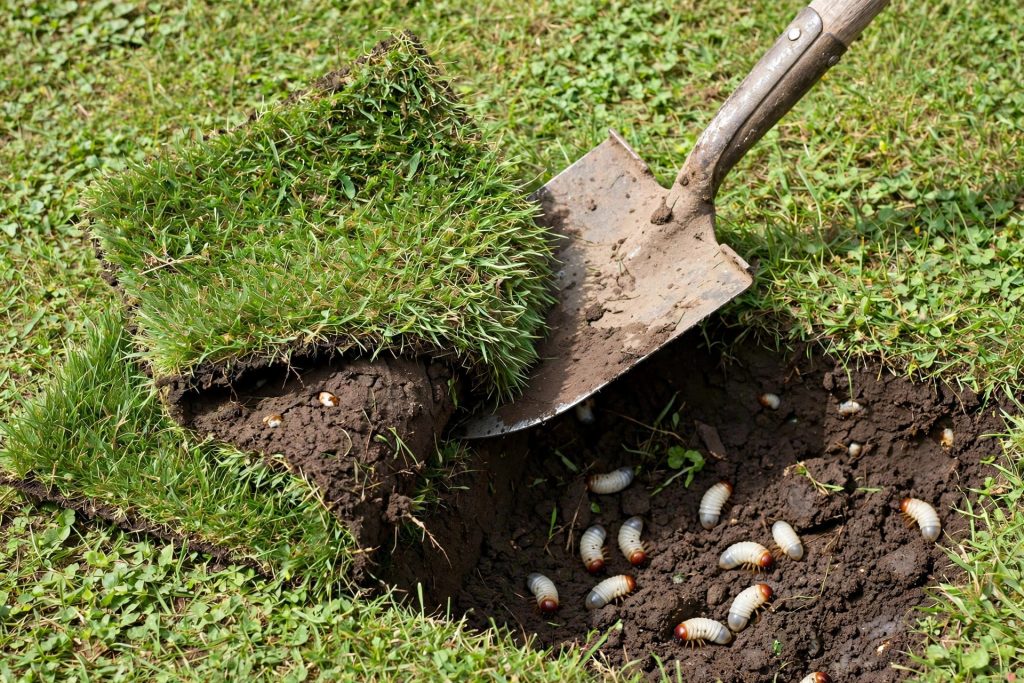 how to get rid of grubs dig test, spade folding back a square foot of turf
