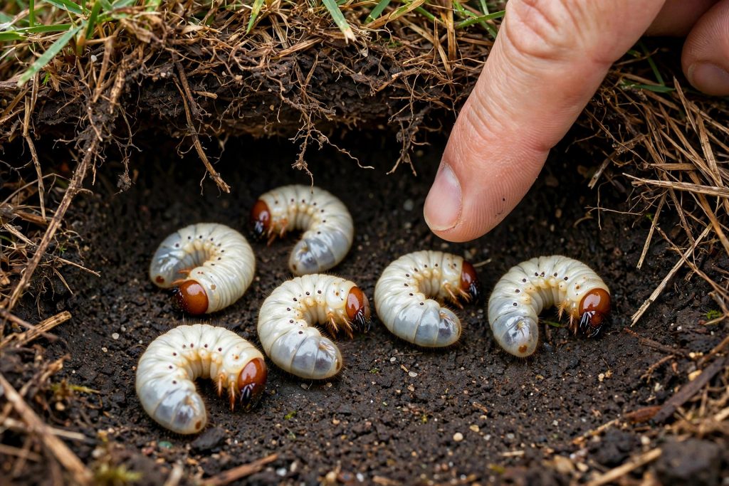 how to get rid of grubs, counting white C-shaped grubs in soil and thatch