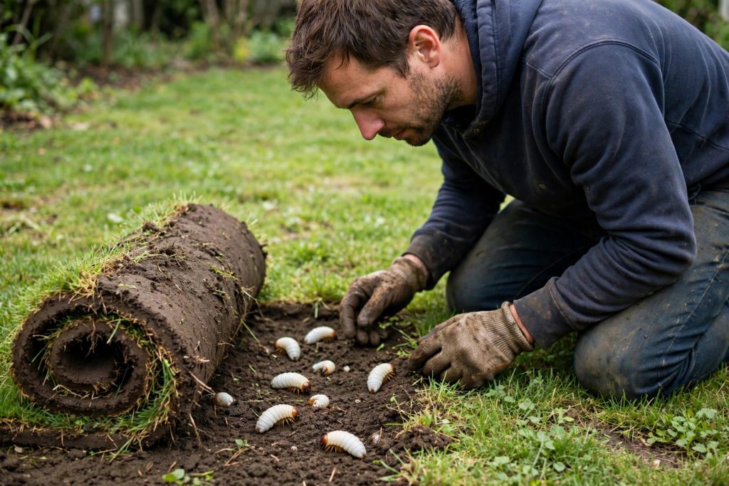 how to get rid of grubs threshold check, homeowner counting grubs beside rolled sod
