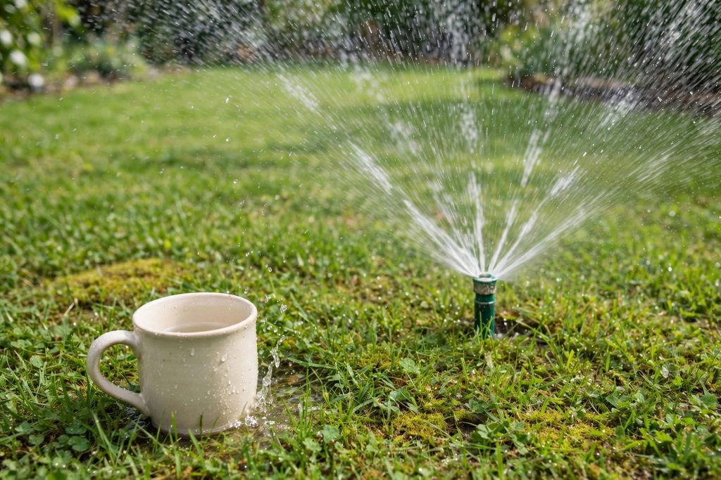 how to get rid of grubs, watering in a curative treatment with a sprinkler and mug gauge