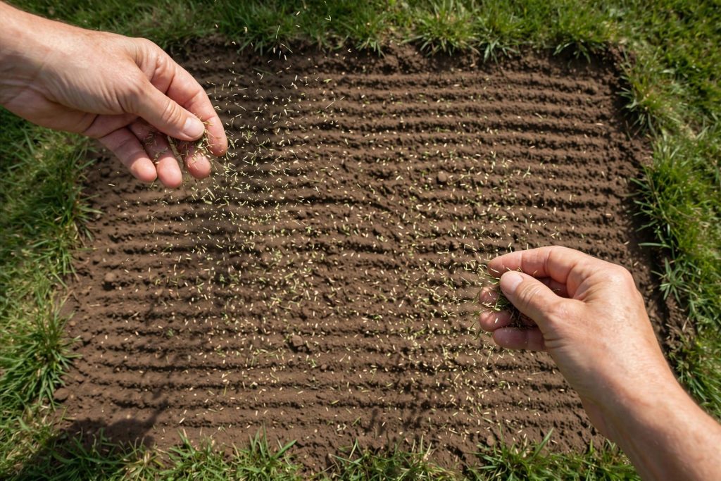 how to get rid of grubs repair, hands overseeding a raked bare patch
