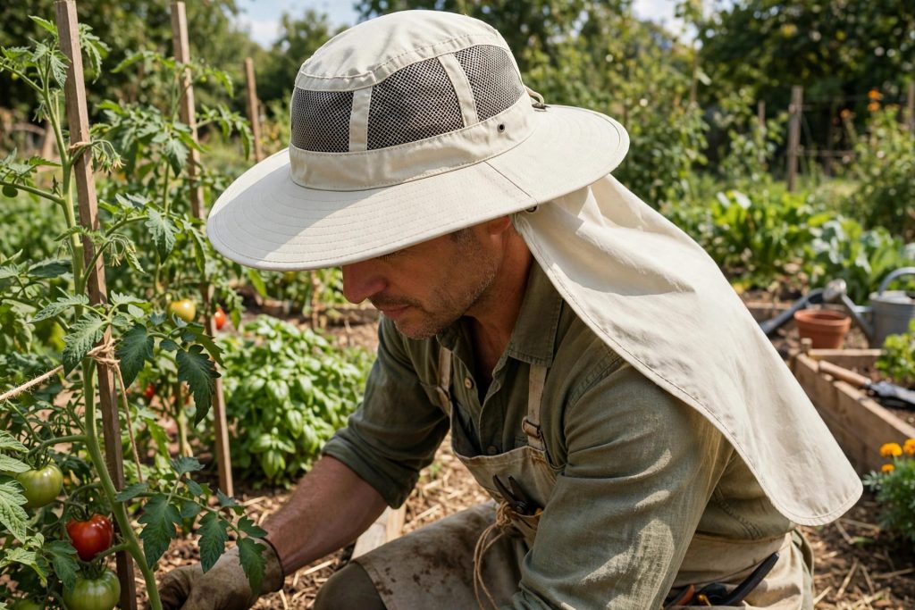 best gardening hat with mesh crown and long neck cape worn while tending tomatoes
